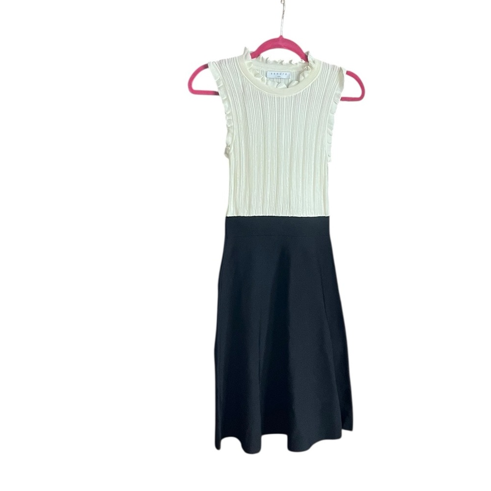 SANDRO PARIS Edda Black White Midi Sleeveless Ruffle Career Cocktail Dress S - Picture 3 of 8